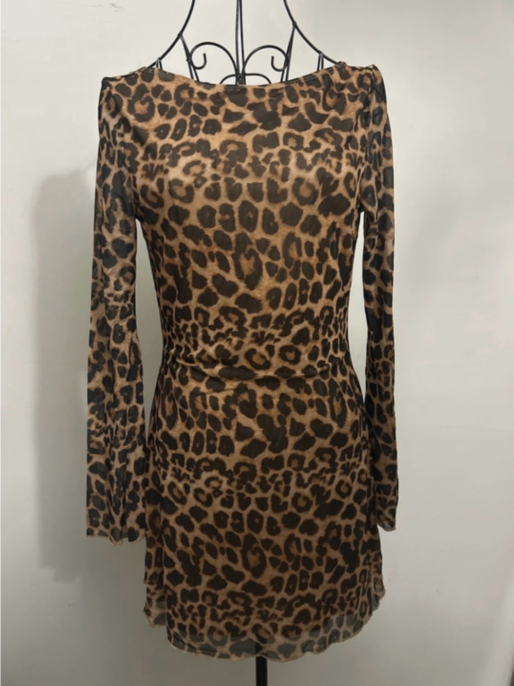 Leopard-Print Long Sleeve Mini Dress in Brown